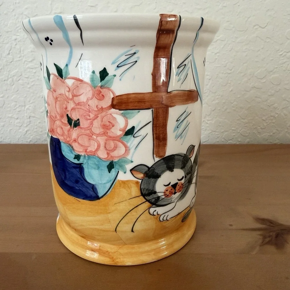 Cat Crock Utensil Holder Ceramic Hand Painted Cat Lady Gift Grandma Cottage